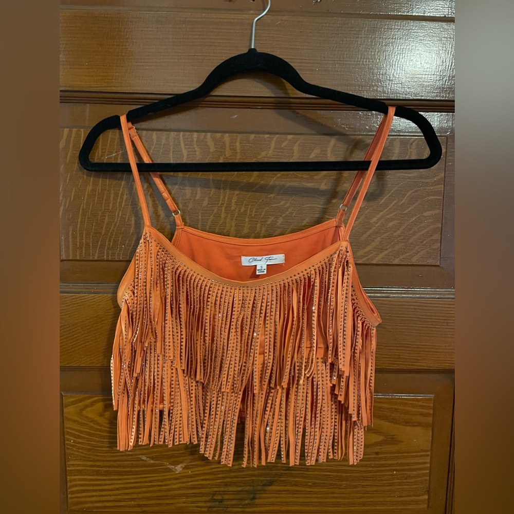 Orange Sparkly Rhinestone Fringe Top